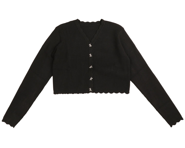 HKN843-BOW BUTTONS SCALLOPED CARDIGAN-BLACK