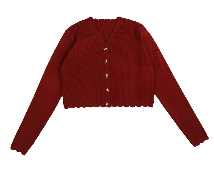 HKN843-BOW BUTTONS SCALLOPED CARDIGAN-BURGUNDY