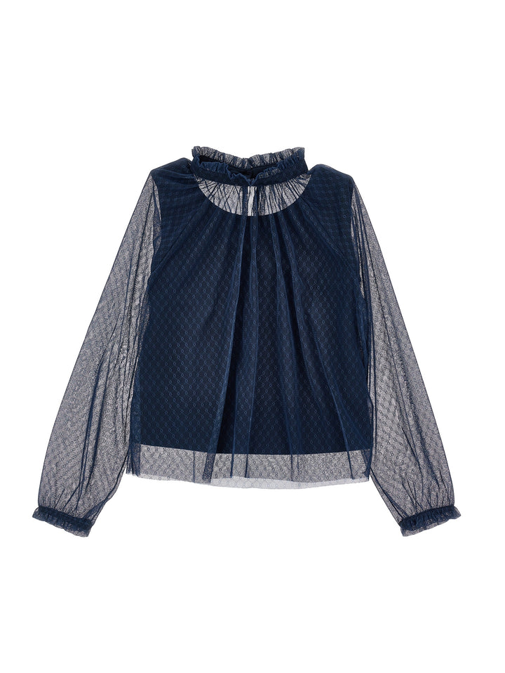 I1F309 6684-LS TULLE BLOUSE-NAVY