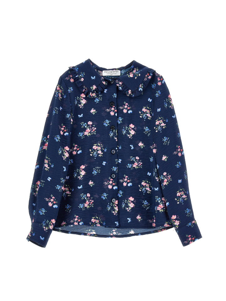 I1H301 BLU NAVY FLORAL PRINT BUTTON UP BLOUSE