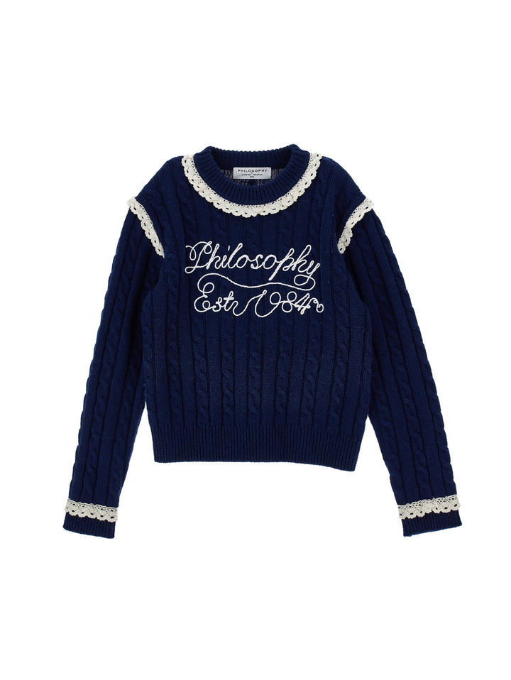 I9H612US NAVY LS CABLE KNIT SWEATER WITH LACE TRIM
