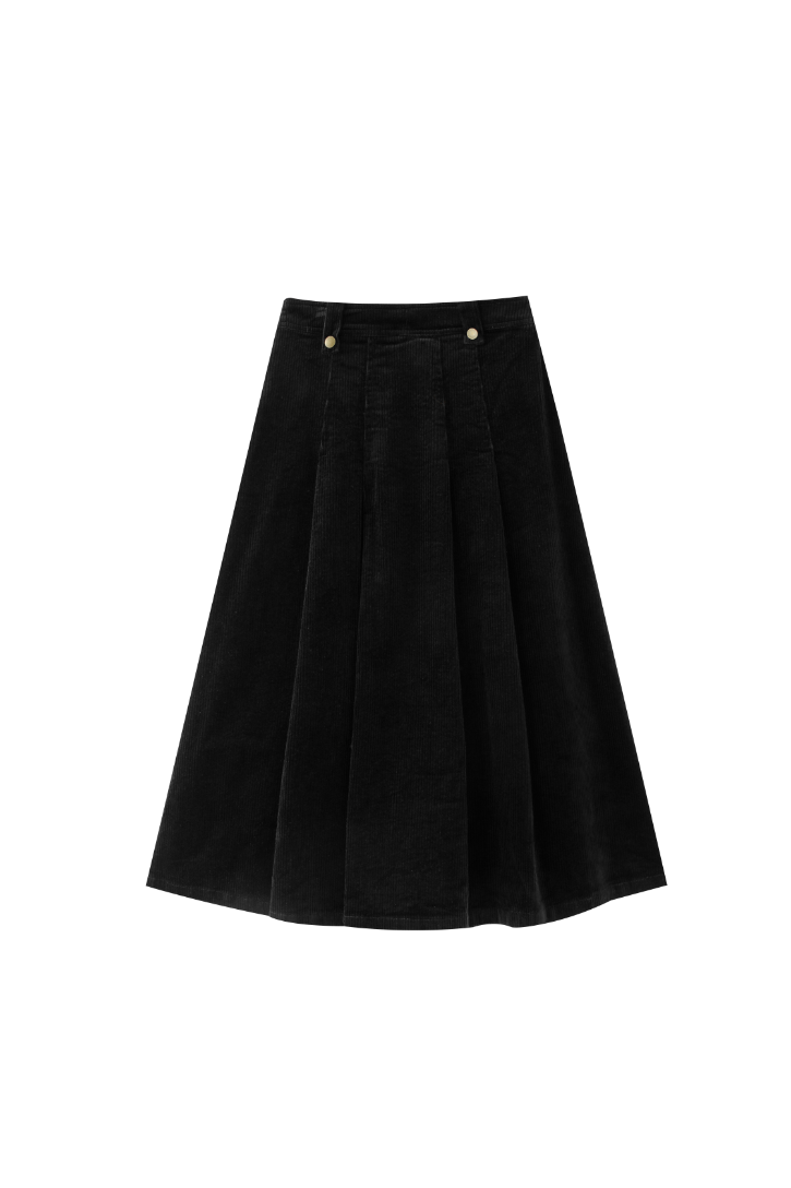 FRONT PLEATED CORDUROY SKIRT-BLACK