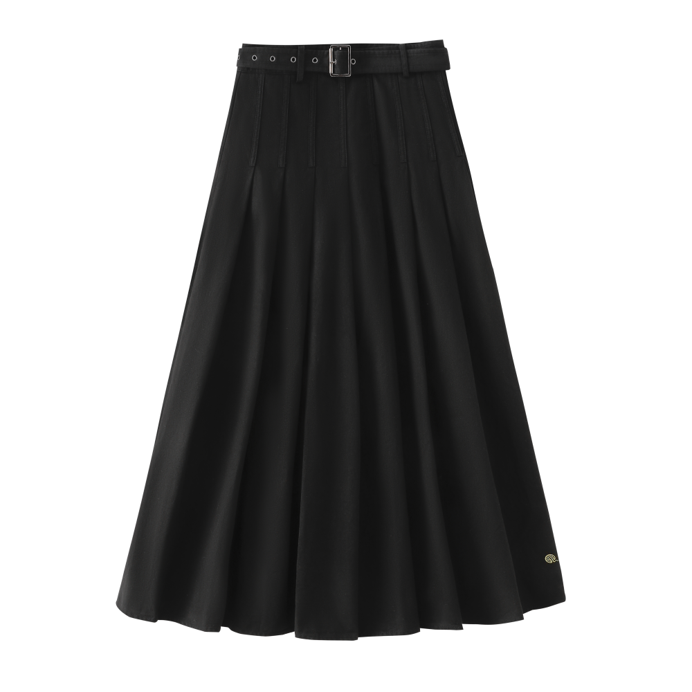 INTARSIA-PLEATED SKRIT WITH BELT-BLACK