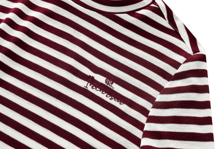 INTARSIA-STRIPED TURTLENECK WITH EMBROIDERY-BURGUNDY