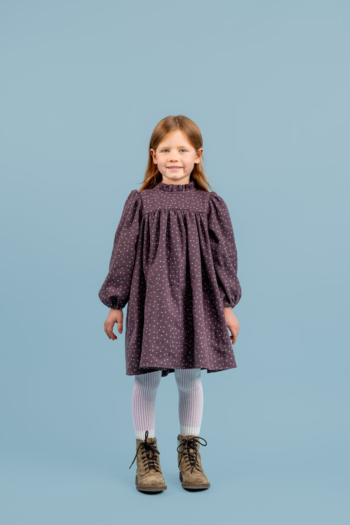 Special Edition Clover Corduroy Dress With Ruffled Stand-up Collar Longer Length - Aubergine