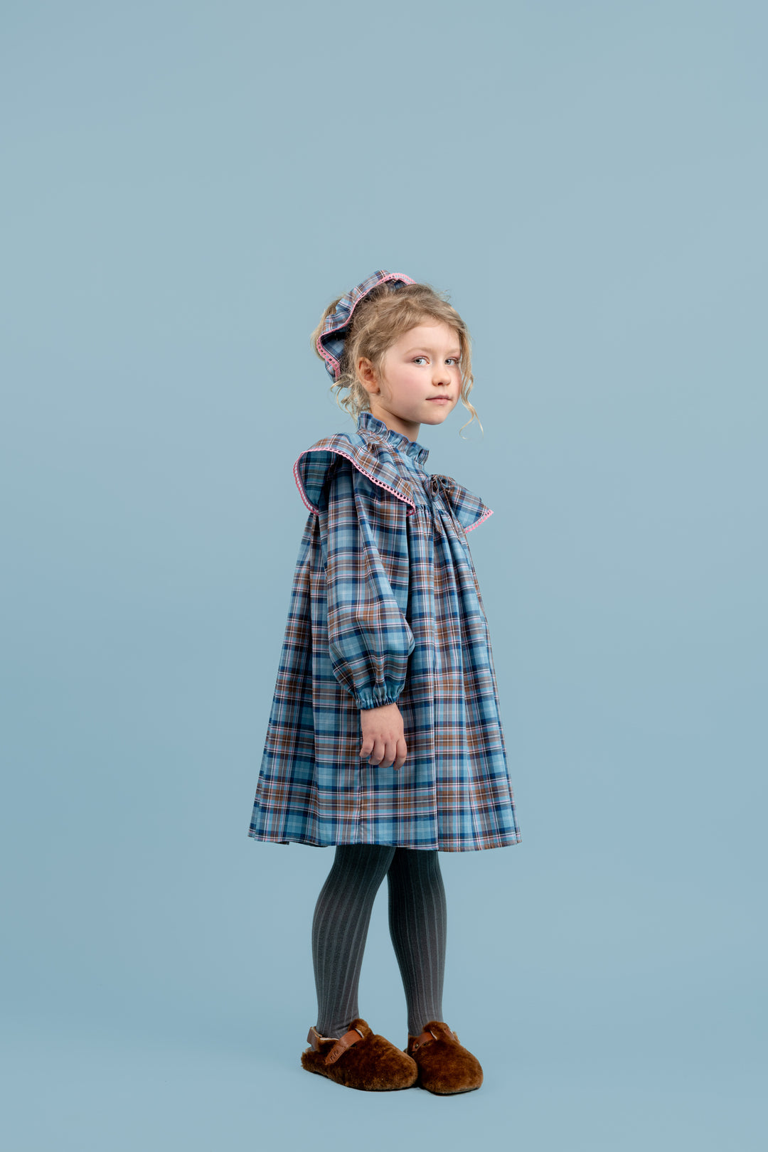 Willow Cotton Dress With Ruffled Stand-up Collar - Blue