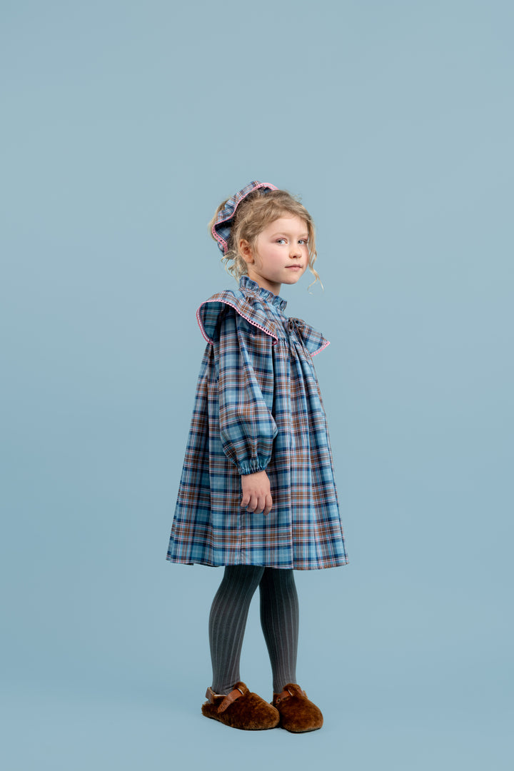 Special Edition Willow Cotton Dress With Ruffled Stand-up Collar Longer Length - Blue