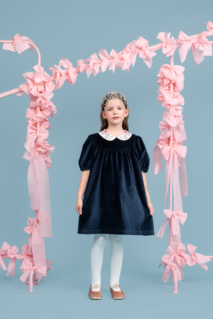 Special Edition Haven Velvet Dress With Embroidered Peter Pan Collar Longer Length - Dark Blue