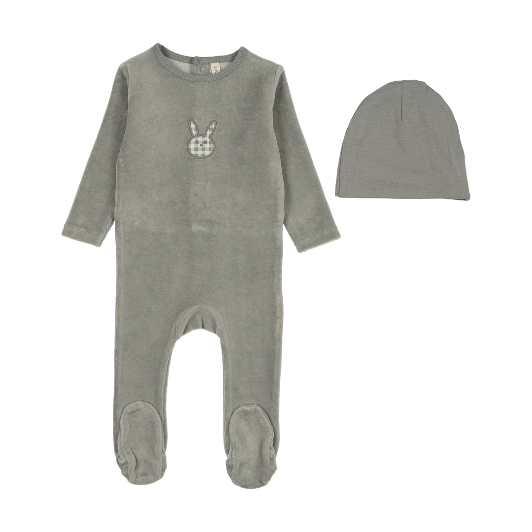 VELOUR GINGHAM BUNNY LAYETTE SET - PALE BLUE