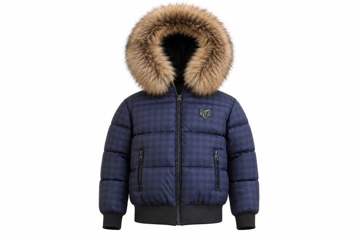BO36 Blue Check Fur-Trim Bomber Down Coat - BLUE CHECK