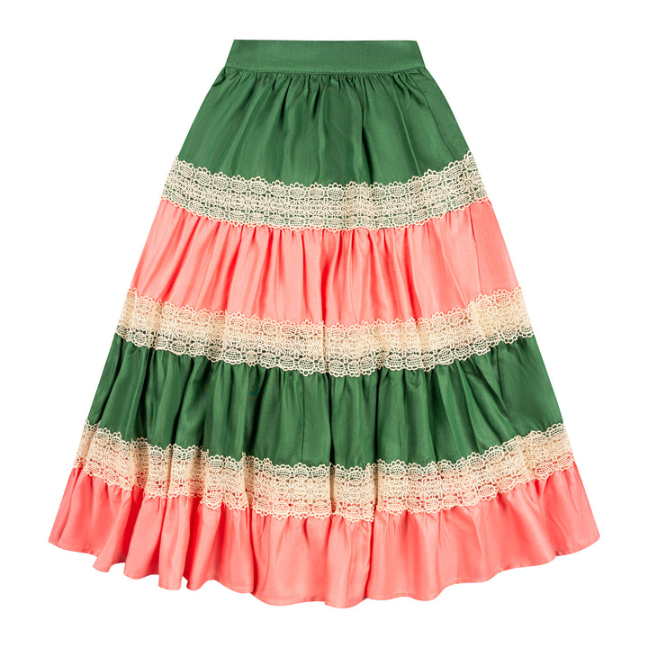 PANELLED LACE ANKLE SKIRT-GERANIUM PINK AND BASIL GREEN