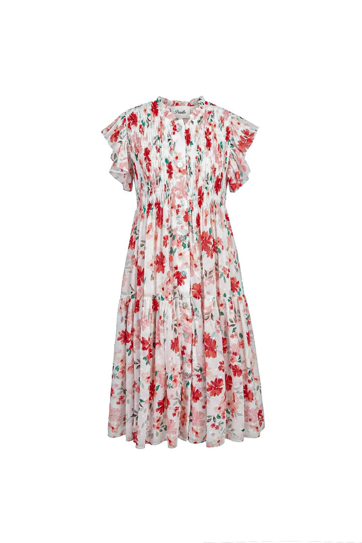 IRIS DRESS-IVORY WITH RED FLOWER PRINT