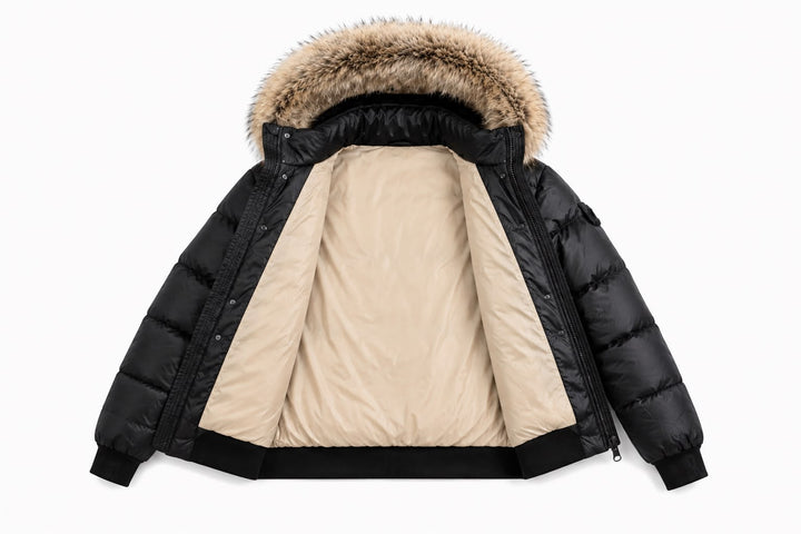 G17 Black Fur Trimmed Hooded Girls Down Bomber Coat - MATTE BLACK