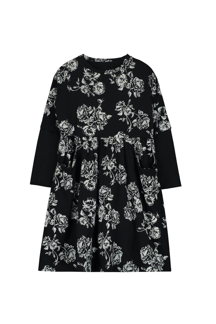 Soft Flower Dress-Black and cream