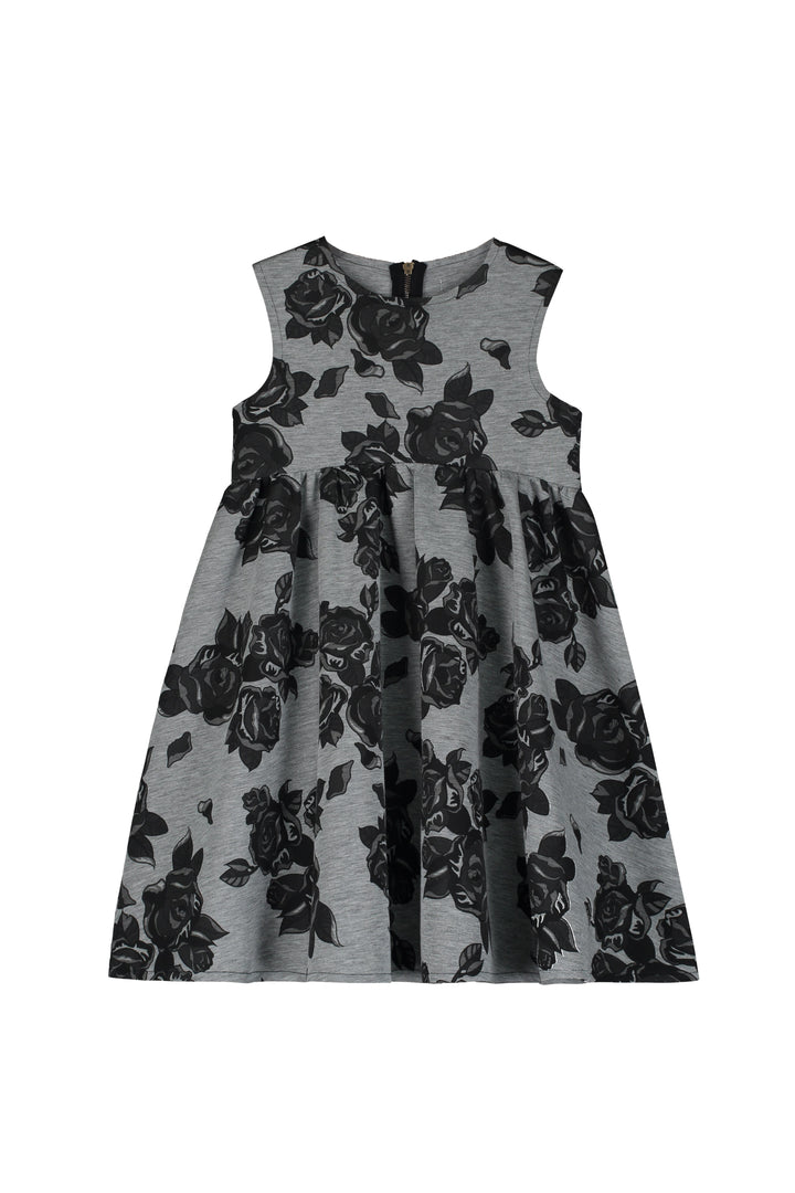 Black Flower Neoprene Dress-Grey Melange & Black