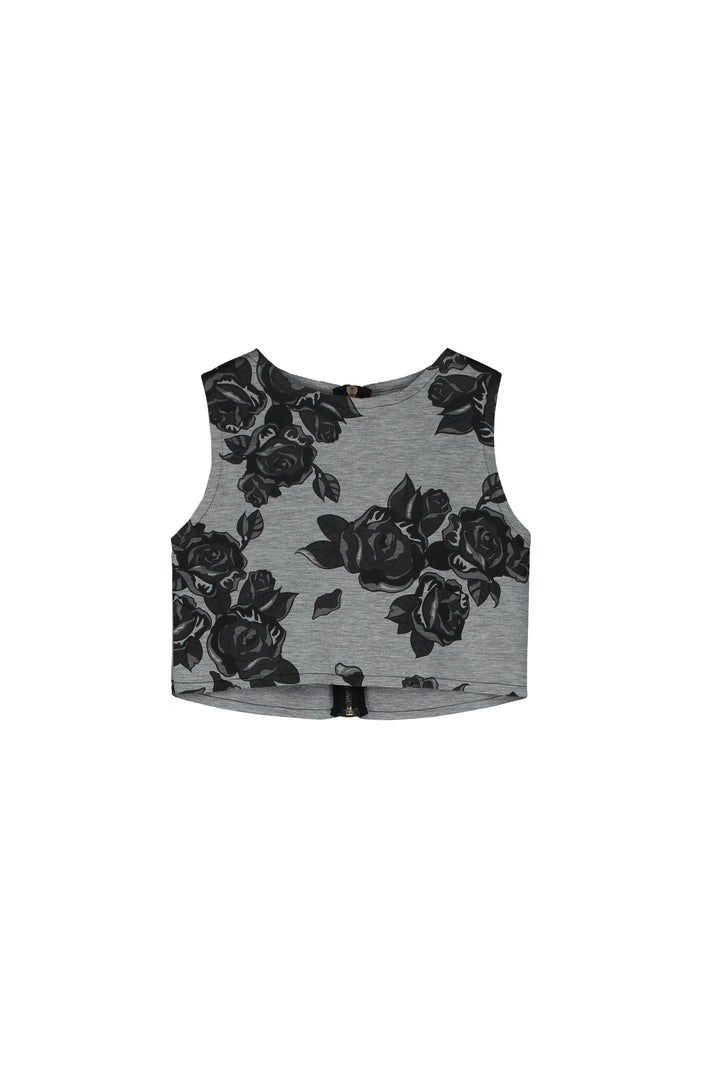 Black Flower Neoprene Top-Grey Melange & Black