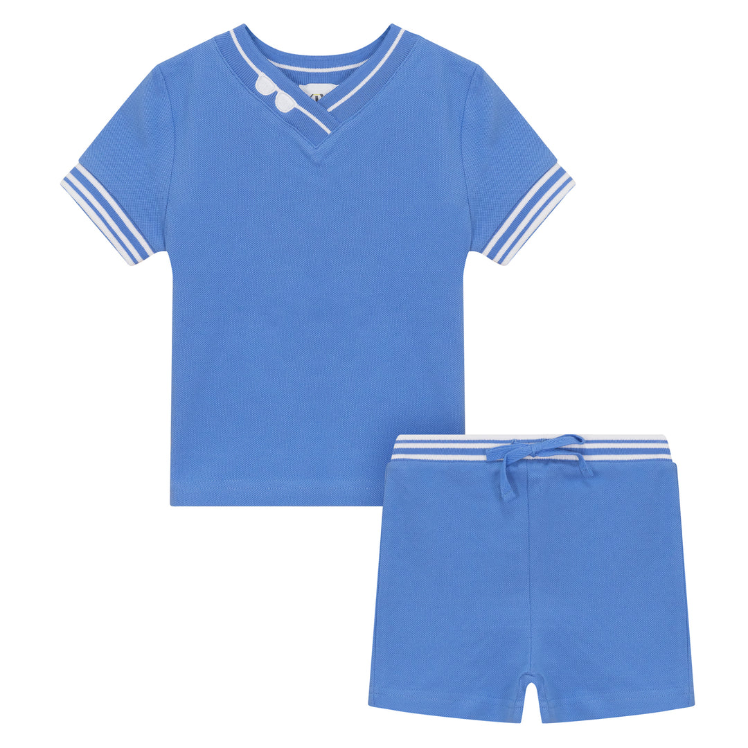 K5508-EMBROIDERED DETAIL PIQUE SET-BLUE