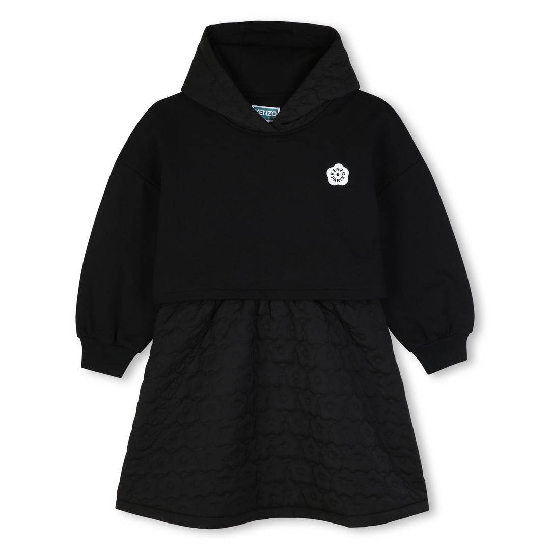 K62011 BLACK HOODED DRESS IN UNBRUSHED FLEECE, 2 IN 1 EFFECT