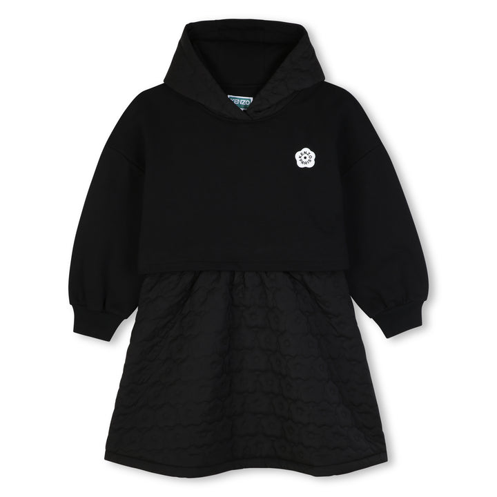 K62011 BLACK HOODED DRESS IN UNBRUSHED FLEECE, 2 IN 1 EFFECT
