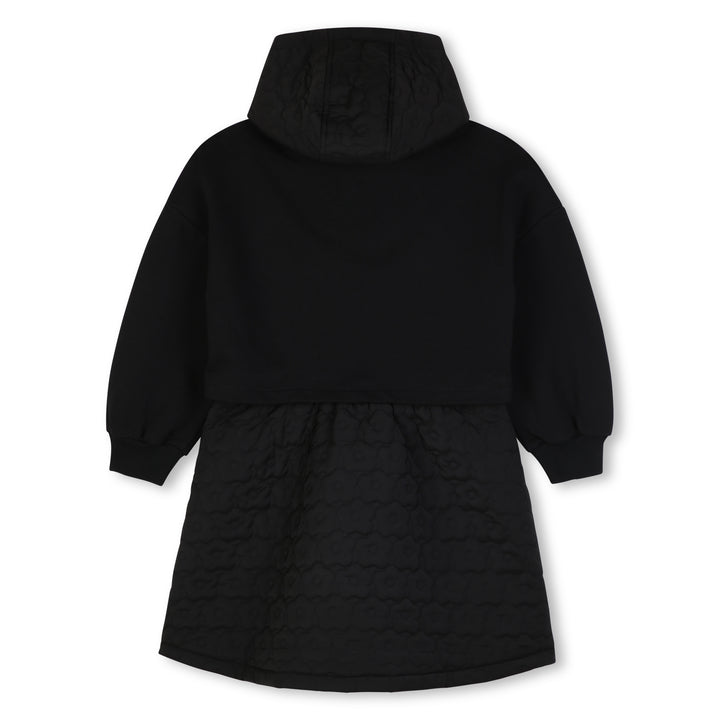 K62011 BLACK HOODED DRESS IN UNBRUSHED FLEECE, 2 IN 1 EFFECT