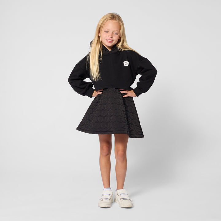K62011 BLACK HOODED DRESS IN UNBRUSHED FLEECE, 2 IN 1 EFFECT
