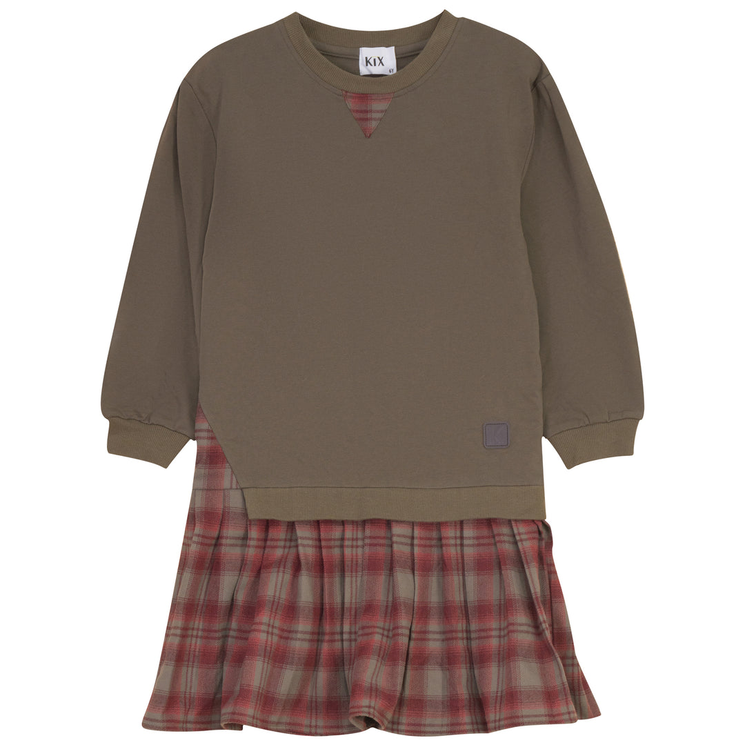 K8200 PLAID SKIRT SWEAT DRESS-OLIVE