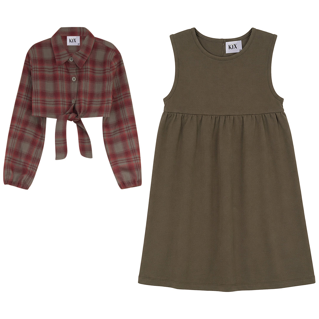 K8208 DRESS WITH ATTACHED PLAID SHIRT-OLIVE