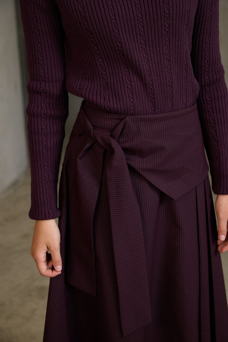 HSK016 PINSTRIPE SKIRT WITH OVERSIZED BOW BELT - PLUM