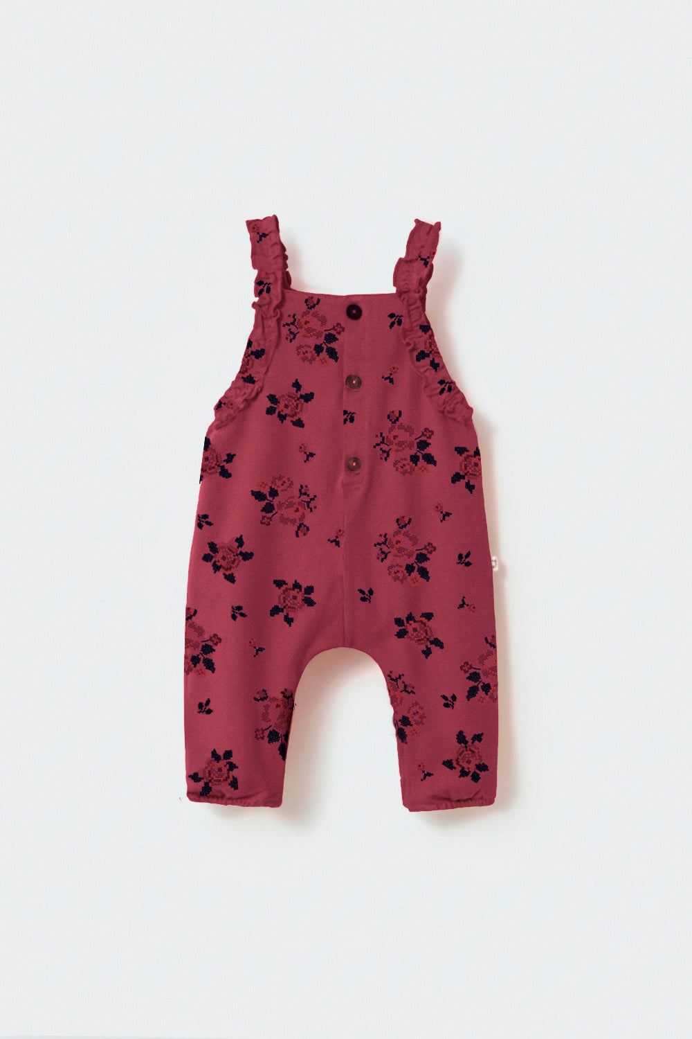 LILY319W6 CROSS STITCH FLORAL TWILL BABY OVERALLS - PRUNE