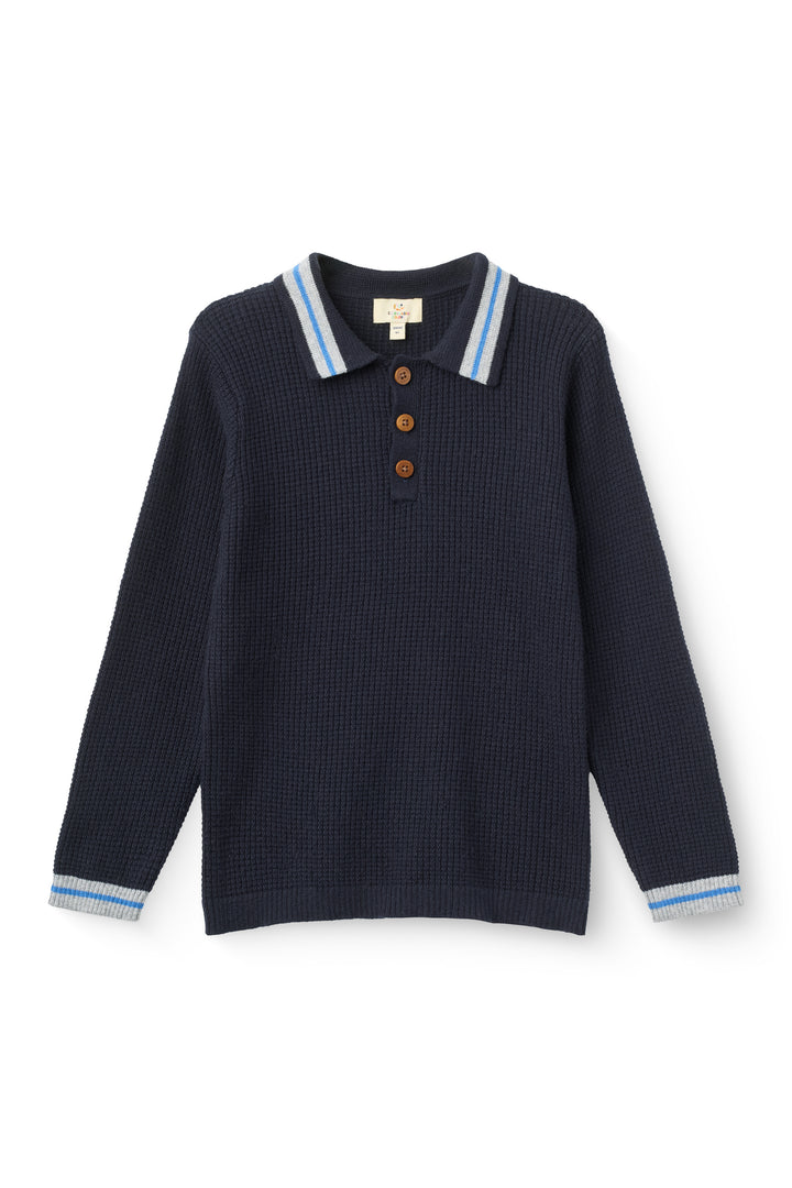 261-000-319-2 LONG-SLEEVED KNITTED WAFFLE POLO - NAVY COMB