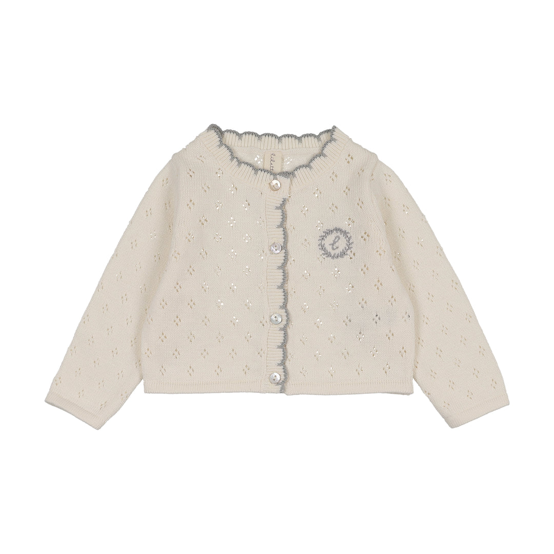 DIAMOND POINTELLE CARDIGAN - CREAM/BLUE