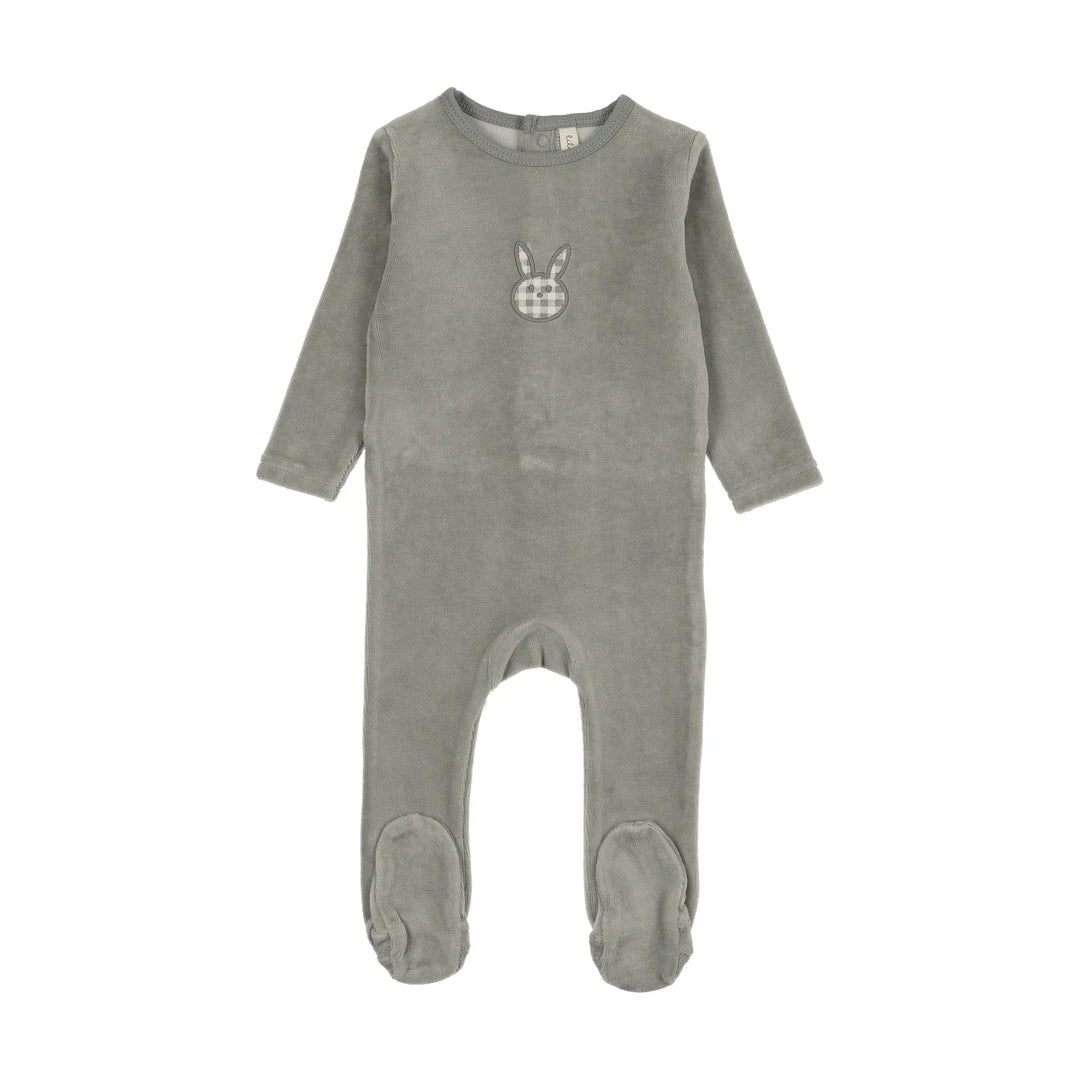 VELOUR GINGHAM BUNNY FOOTIE - PALE BLUE