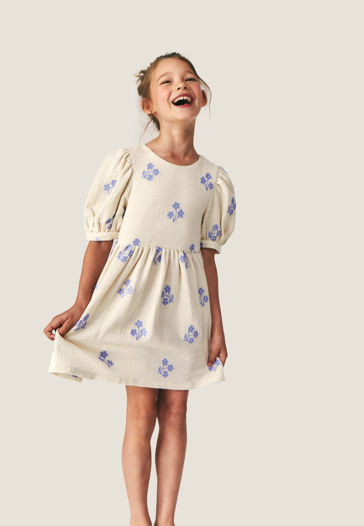 SANDRINE DRESS - ORGANIC COTTON JACQUARD (ECRU/BLUE)