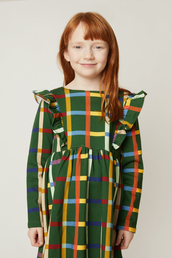 F26-B5111 FALL GRID RUFFLE DRESS -  GREEN PASTURES / FALL GRID