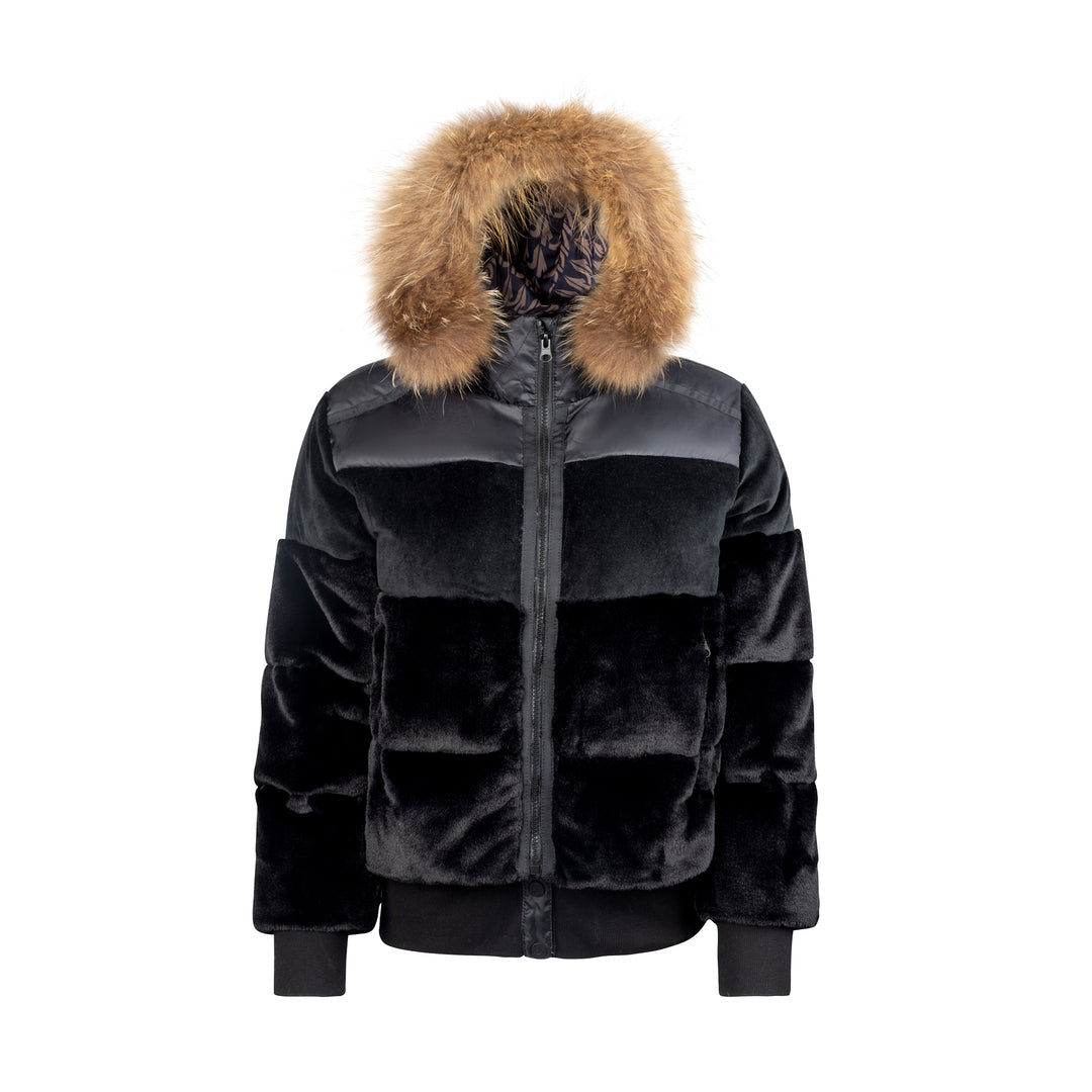 TEEN RIBBED WAIST COAT-Black Velvet/Black Fur