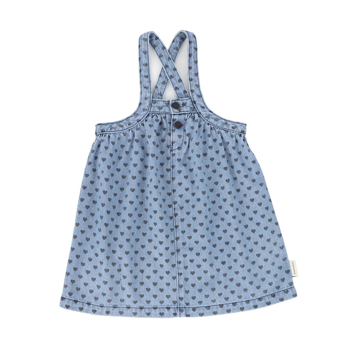 AW25.MN2513DUSA-Knee-lenght dress w/ straps | Washed blue denim w/ black hearts-washed blue | denim