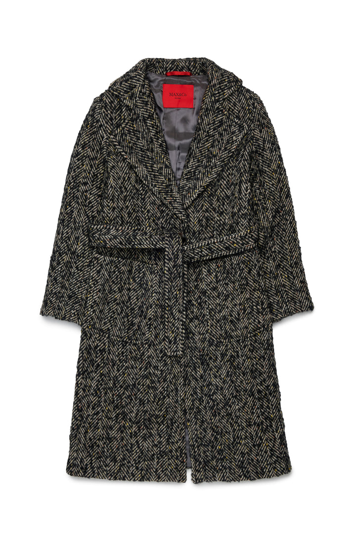MX0001 MX02N BLACK HERRINGBONE WOOL BLEND COAT WITH TIE BELT