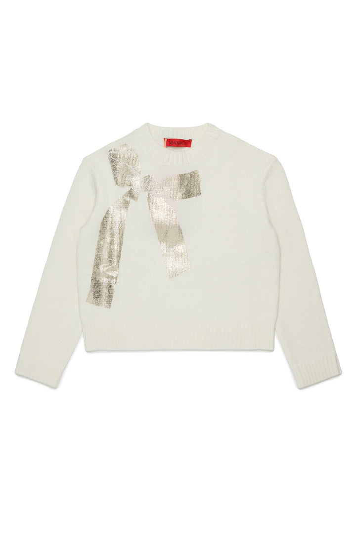 MX0406 MX043 IVORY KNIT SWEATER WITH METALLIC BOW PRINT