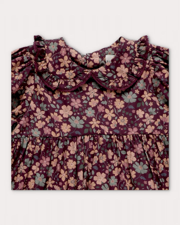 FD-FW26-00037 MARGUERITE DRESS LONG - SATIN GARDEN FLOWER PLUM