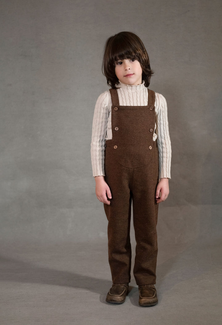 MOD.10.1 BROWN WOOLLEN FULL LENGTH DUNGAREES WITH ROUNDED YOKE WITH PLAID BOTTOM