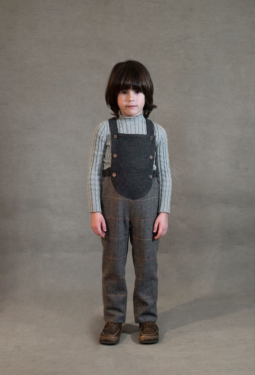 MOD.10.2 GREY HERRINGBONE WOOLLEN FULL LENGTH DUNGAREES WITH ROUNDED YOKE