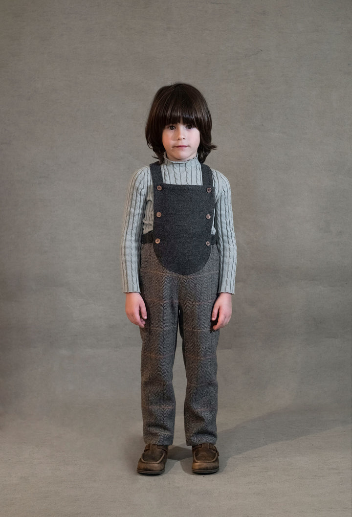 MOD.10.2 GREY HERRINGBONE WOOLLEN FULL LENGTH DUNGAREES WITH ROUNDED YOKE