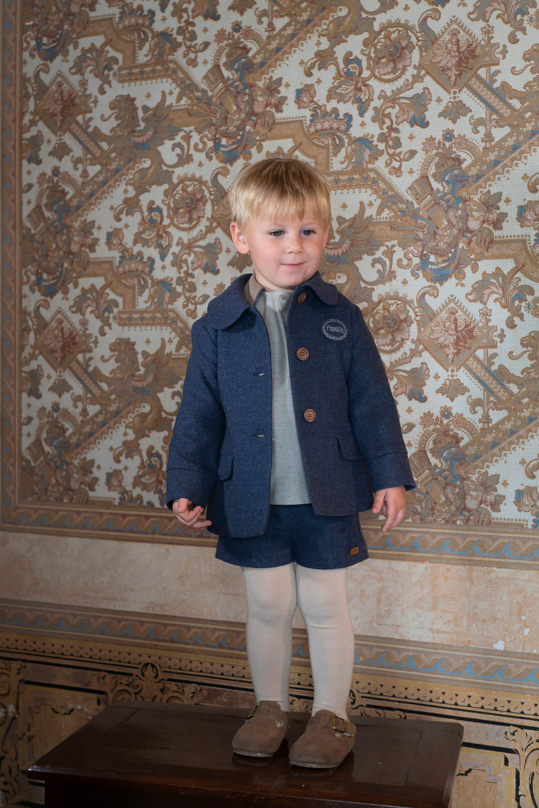 MOD.20.2 GREY HERRINGBONE PANELLED BLOUSE IN ALL HERRINGONE FABRIC COLLAR SLEEVES WRISTS AND ALL PIPING IN BLUE