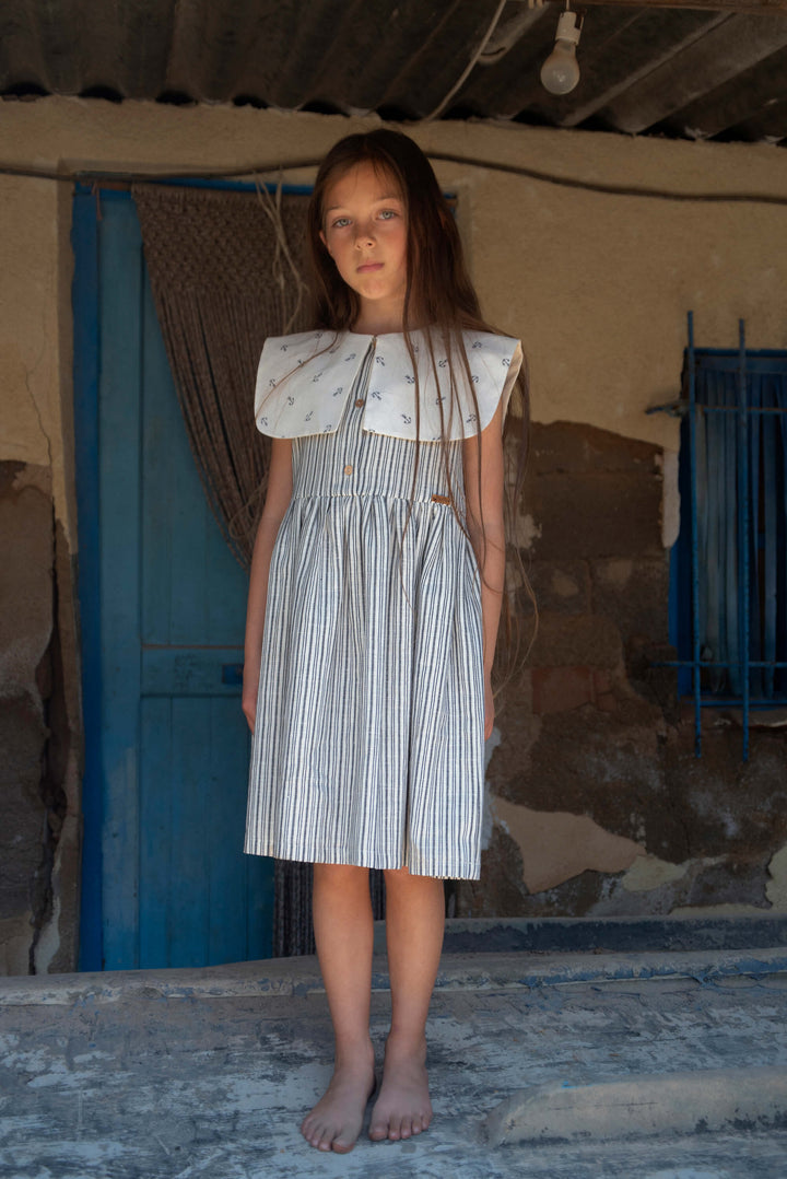Mod.33.4 Embroidered striped dress with bib collar