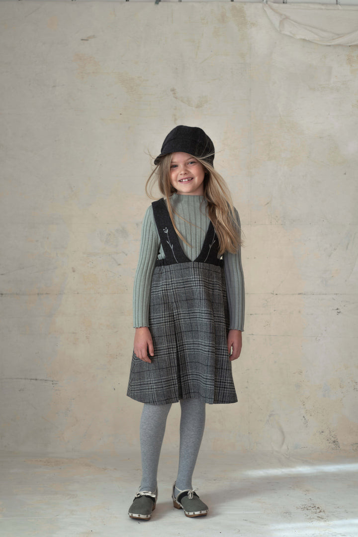 Mod.43.2 Grey plaid woollen dress with bib and embroidered straps