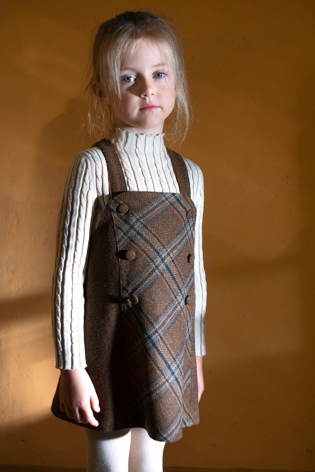 MOD.45.1 BROWN WOOL SHORT DRESS WITH CONTRASTING BIB COVER KNEE FROM 6