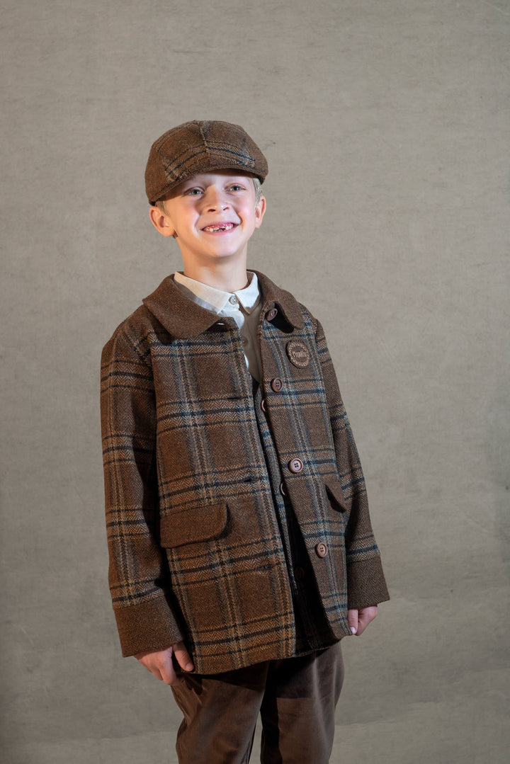 MOD.62.1 BROWN PLAID WOOLLEN CONTRASTING COAT