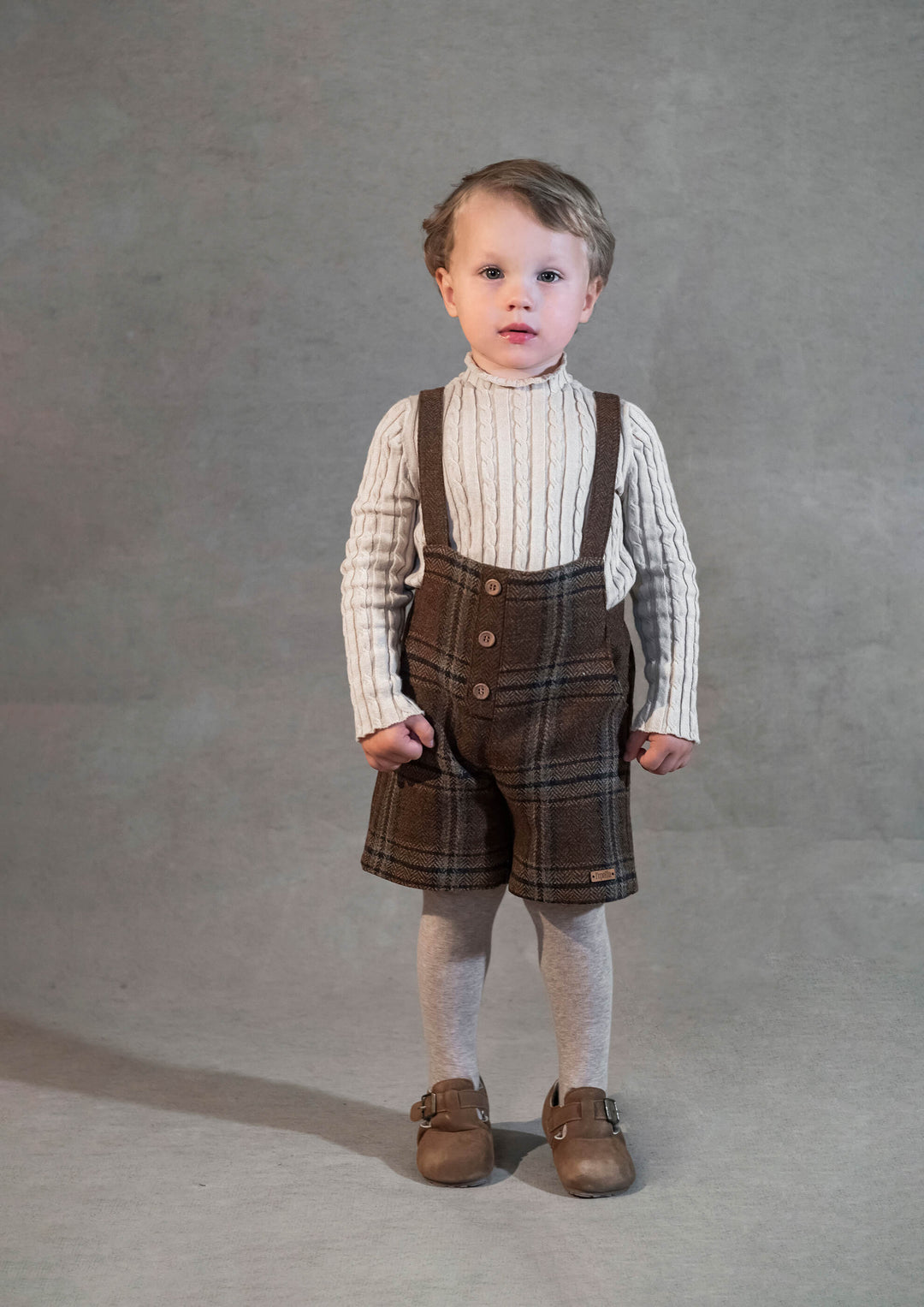 MOD.7.2 BROWN PLAID WOLLEN DUNGAREES WITH CROSSOVER STRAPS AND POCKETS