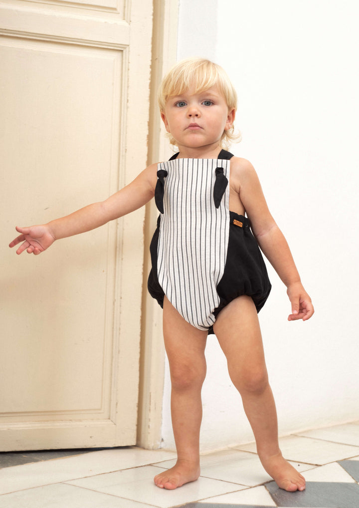 Mod 7.4 Black dungaree romper suit with straps