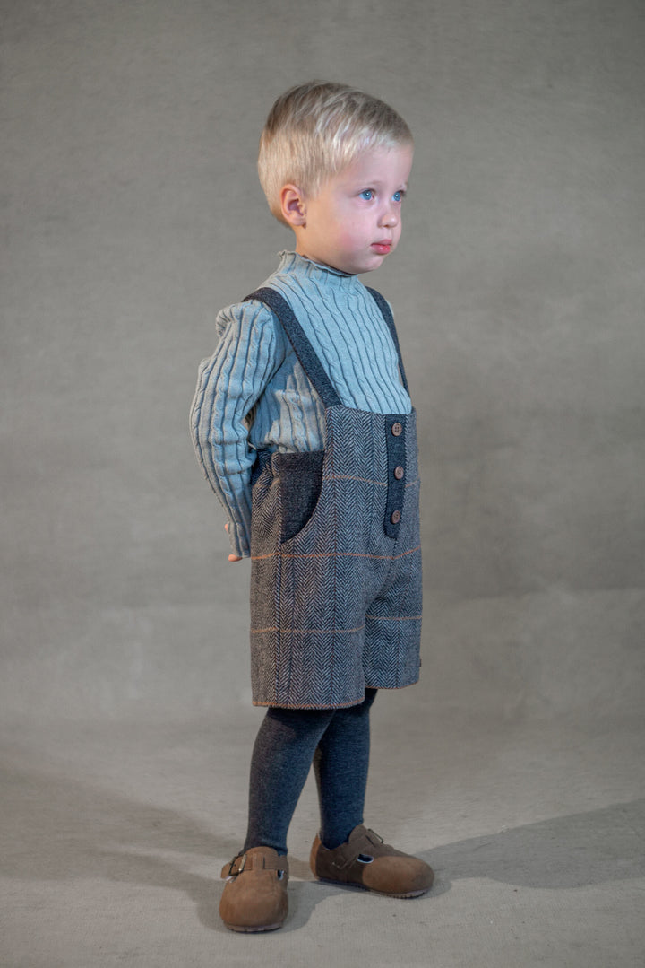 MOD.7.4 GREY HERRINGBONE WOOLLEN DUNGAREES WITH CROSSOVER STRAPS AND POCKETS